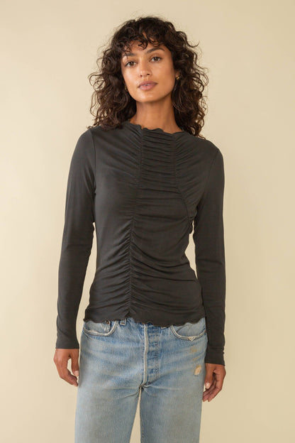 Holloway Asymmetrical Shirred Mock Neck Top: Brown Truffle / Contemporary / S