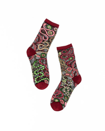 Serpentine Floral Black Sheer Crew Sock