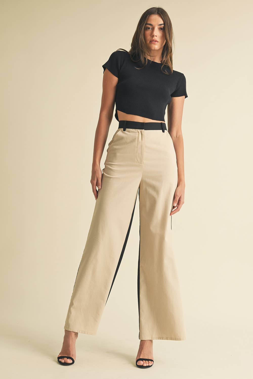 Linen Color Block Trouser: BLACK/ALMOND