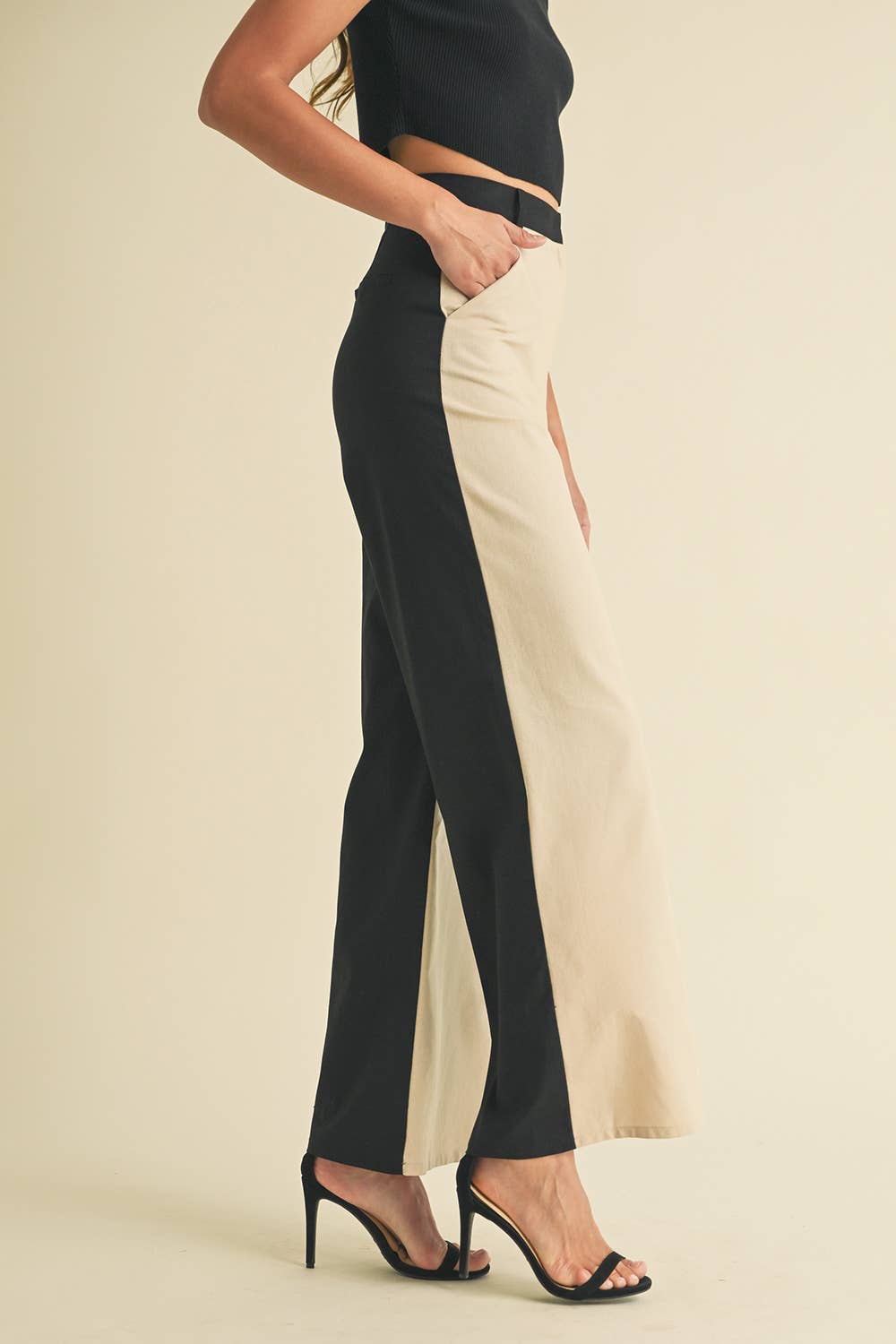 Linen Color Block Trouser: BLACK/ALMOND