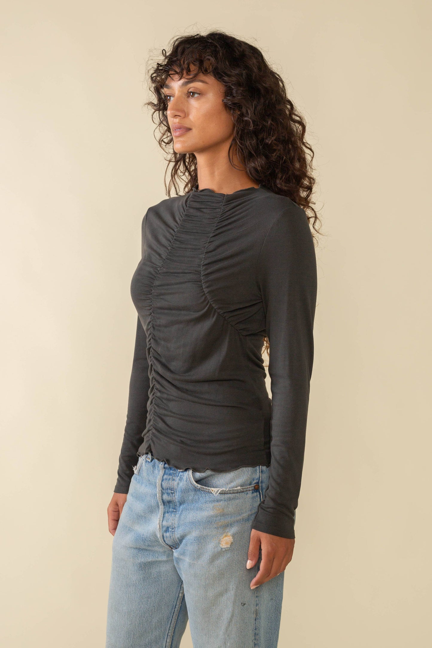 Holloway Asymmetrical Shirred Mock Neck Top: Brown Truffle / Contemporary / S