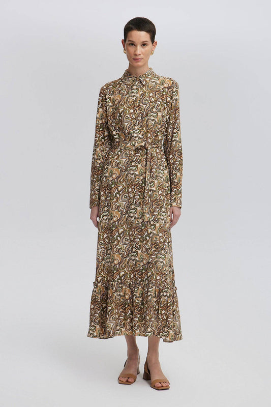 LINEN TEXTURED PATTERNED DRESS: Brown