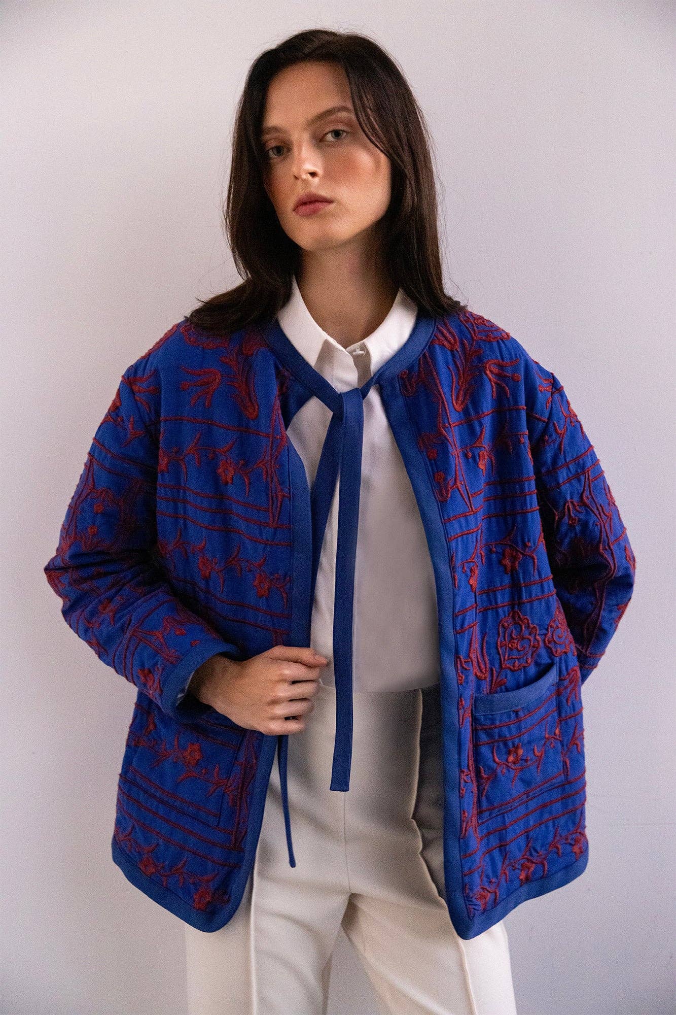 POPLIN JACKET WITH EMBROIDERY: Midnight Blue