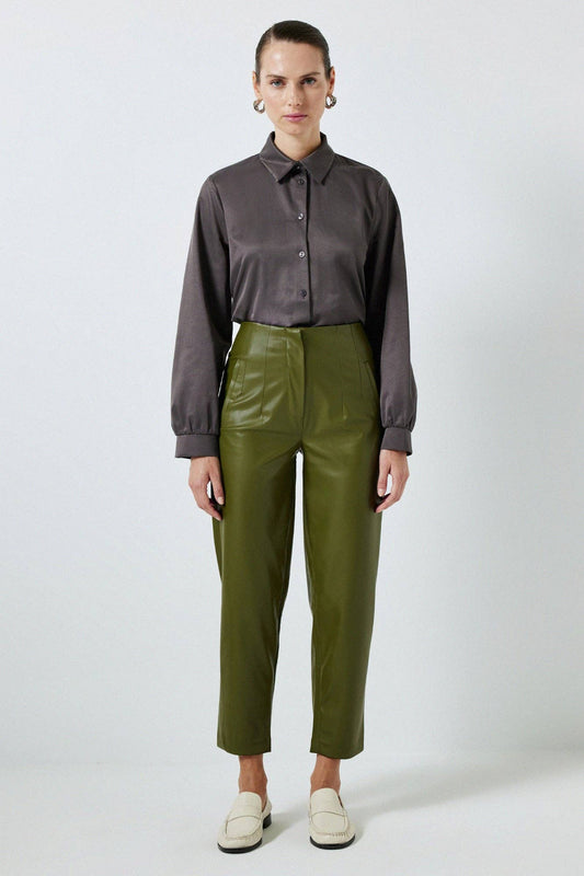 PLEATED LEATHER PANTS: Green