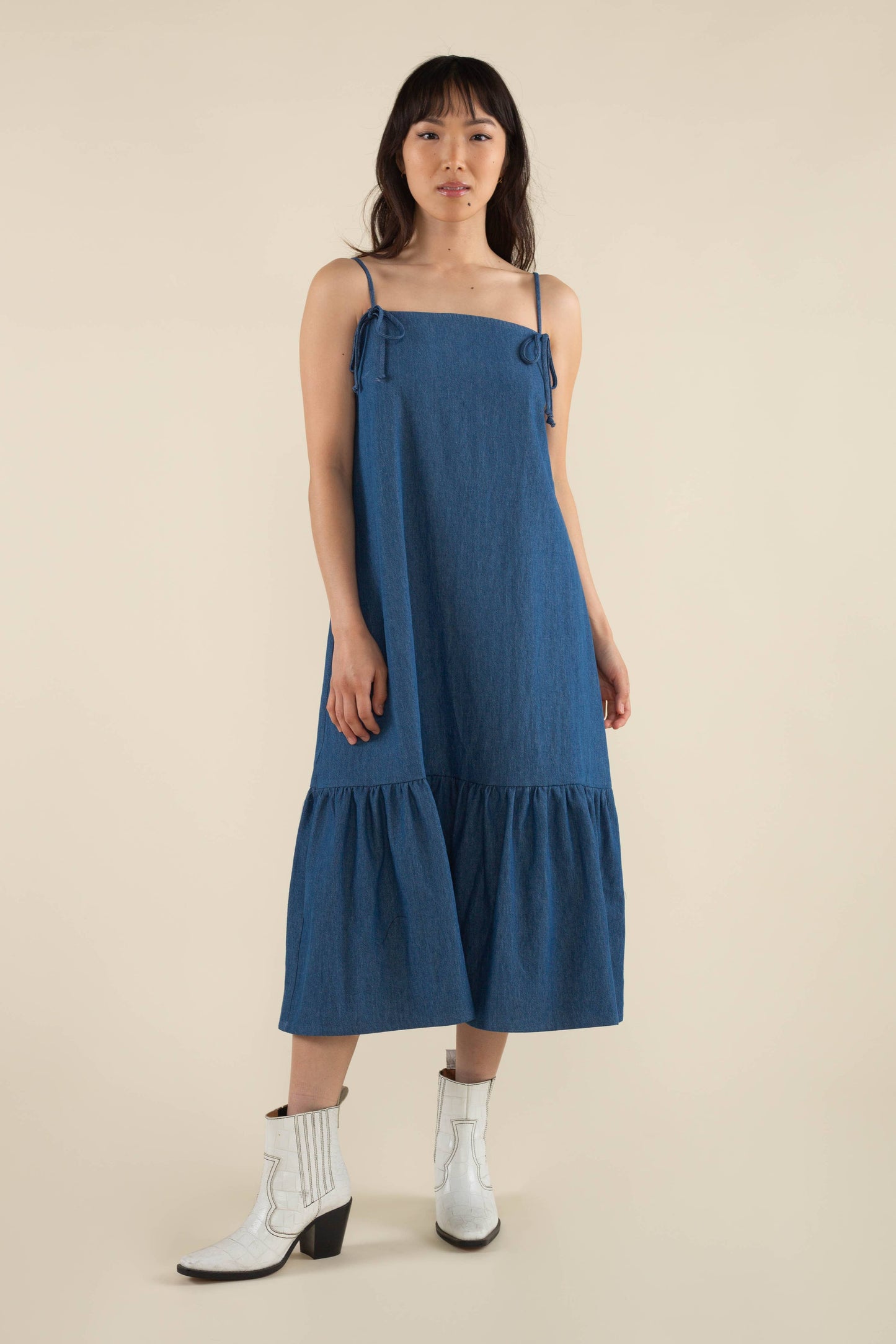 Bonnie Bow Cotton Denim Midi Dress - Medium Wash