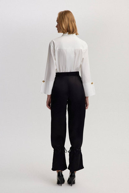 SATIN TROUSER WITH GATHERED HEM - Black