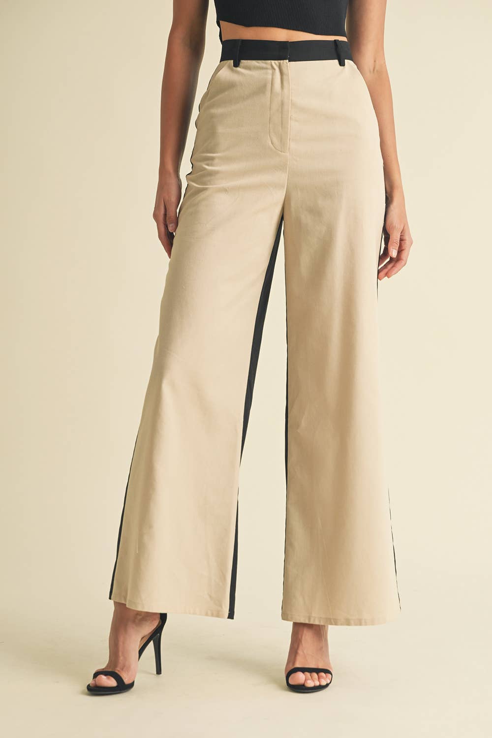 Linen Color Block Trouser: BLACK/ALMOND