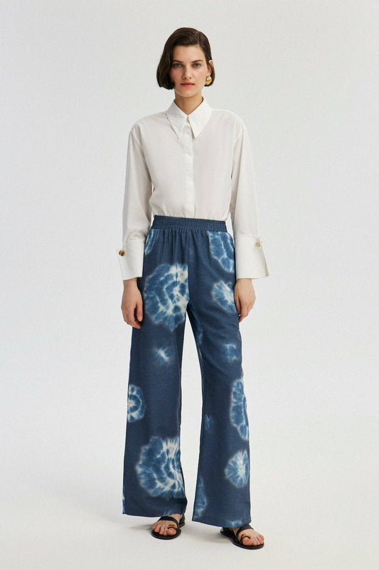 TIE-DYE PATTERNED LINEN TROUSERS - Blue