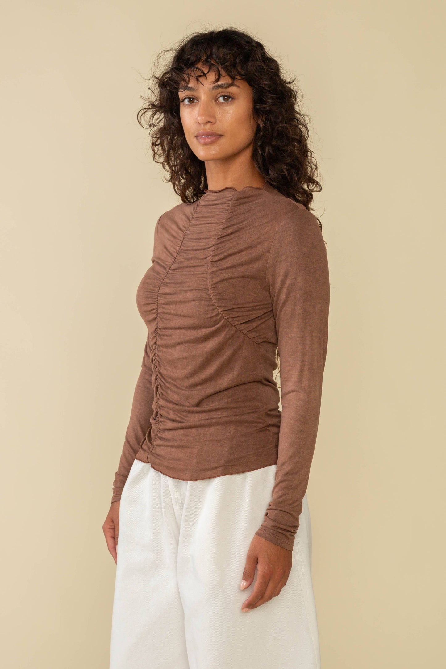 Holloway Asymmetrical Shirred Mock Neck Top: Brown Truffle / Contemporary / S