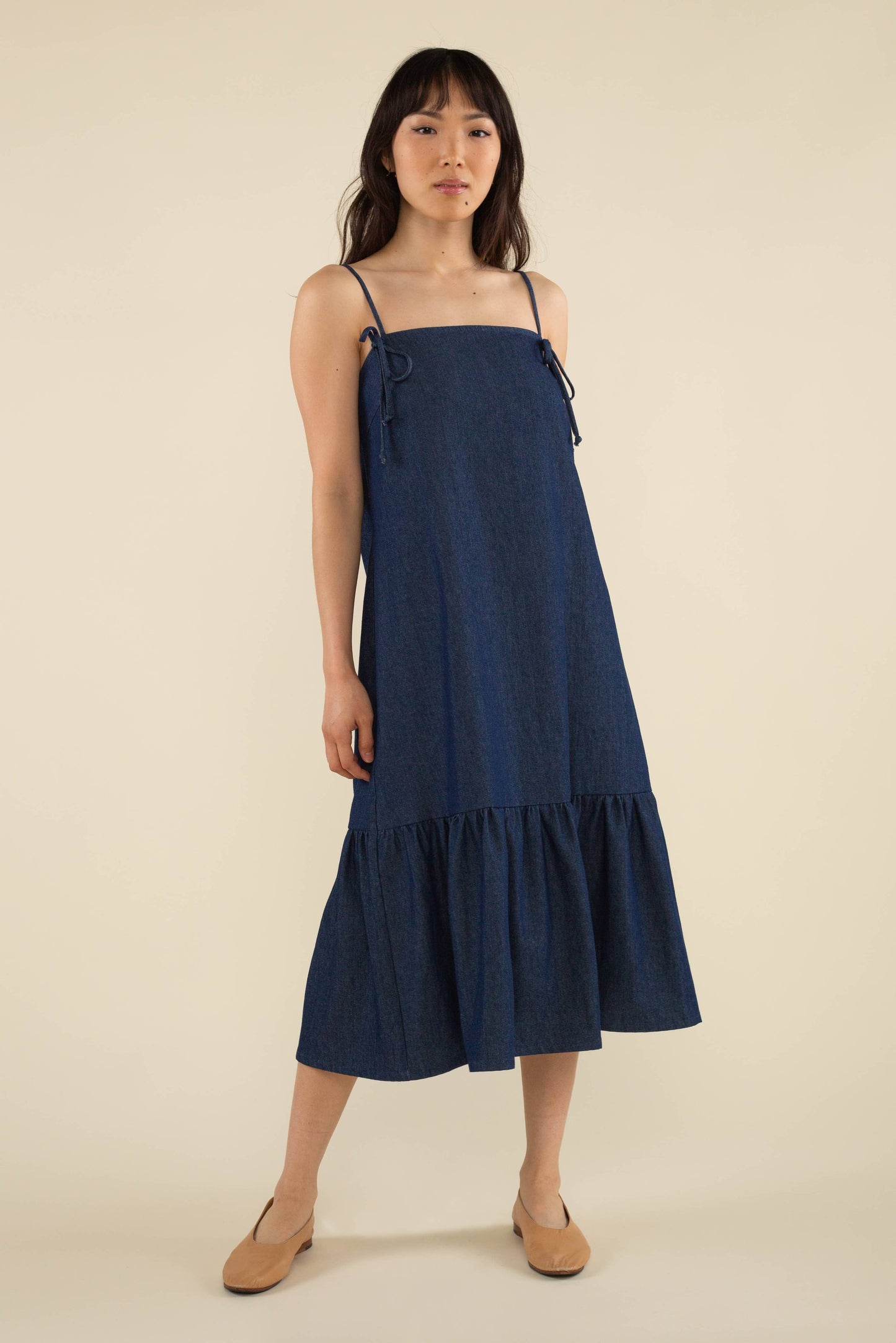 Bonnie Bow Cotton Denim Midi Dress - Medium Wash