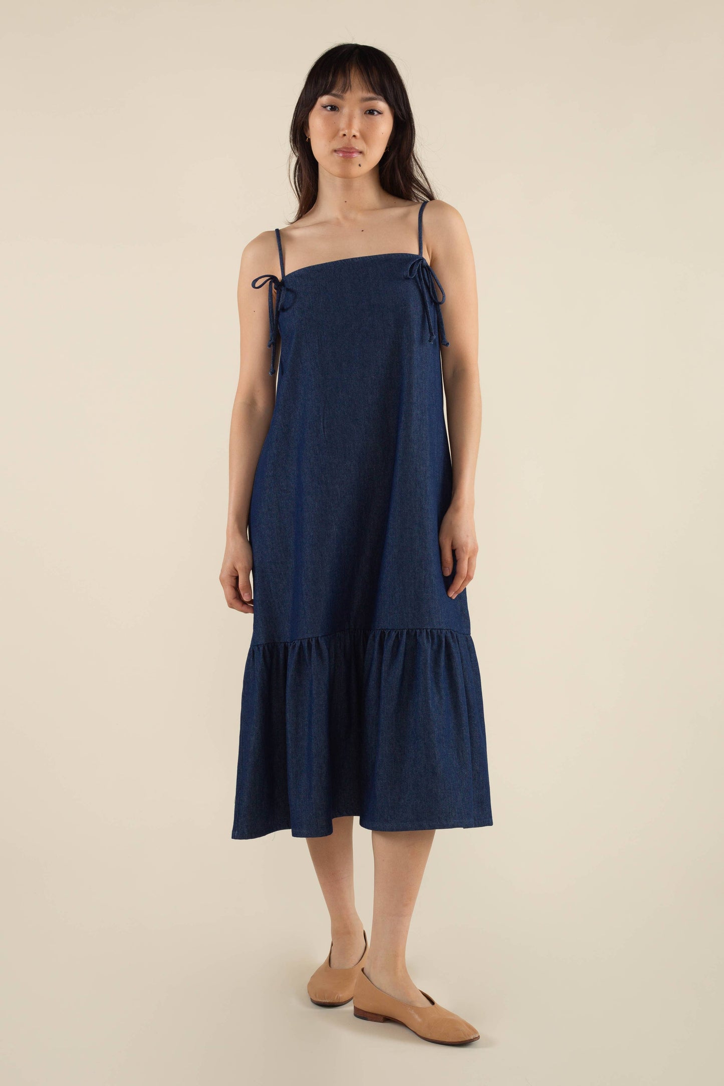 Bonnie Bow Cotton Denim Midi Dress - Medium Wash