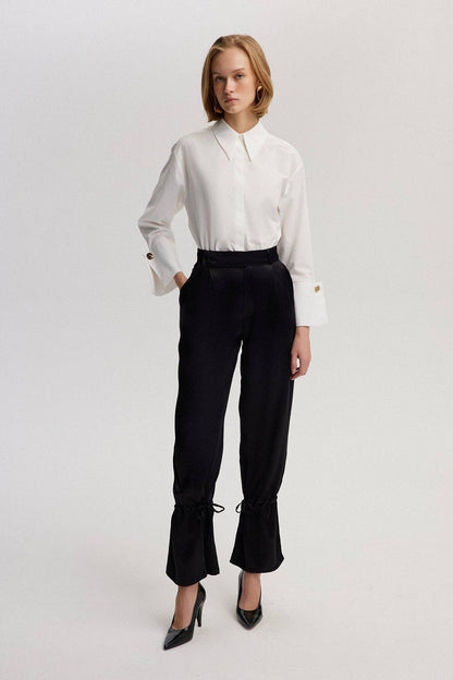 SATIN TROUSER WITH GATHERED HEM - Black