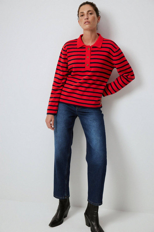 POLO NECK STRIPED SWEATER: Red / Standard / One Size