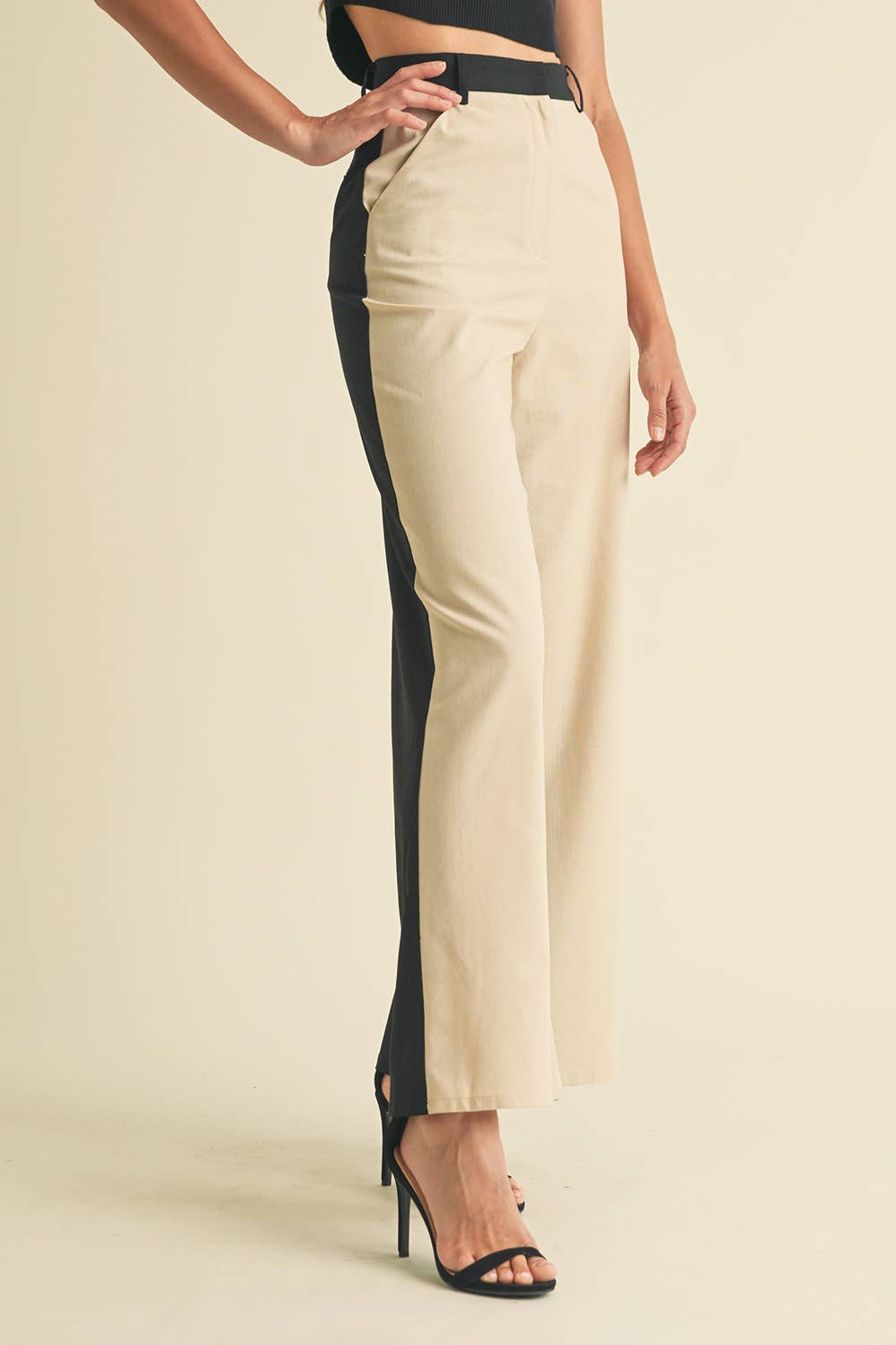 Linen Color Block Trouser: BLACK/ALMOND