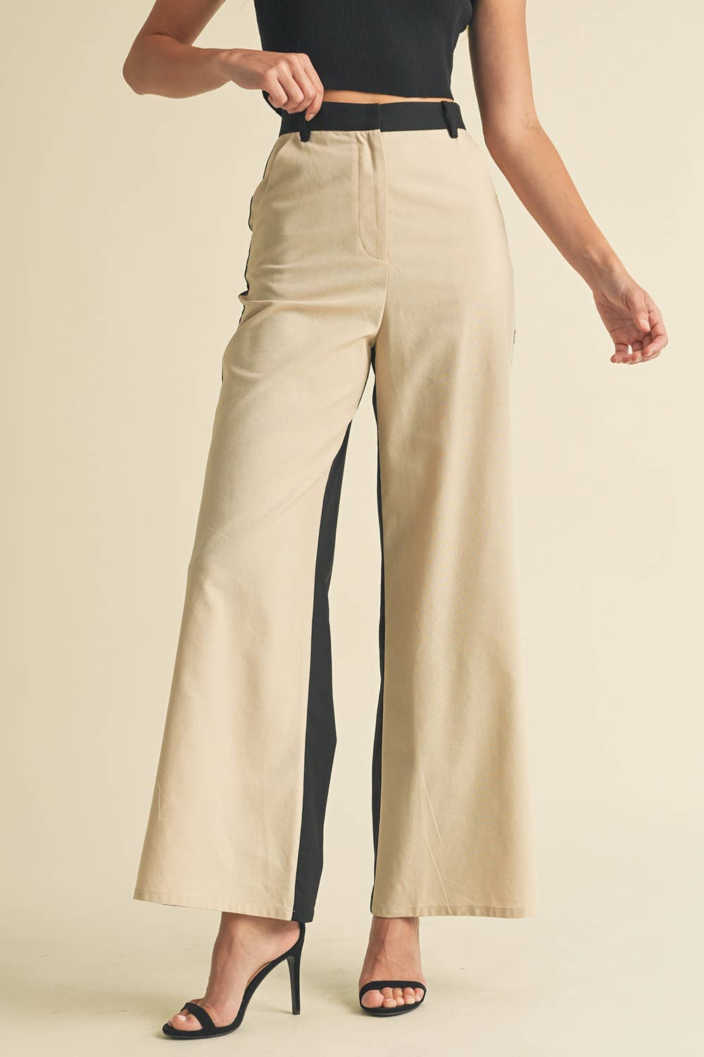 Linen Color Block Trouser: BLACK/ALMOND