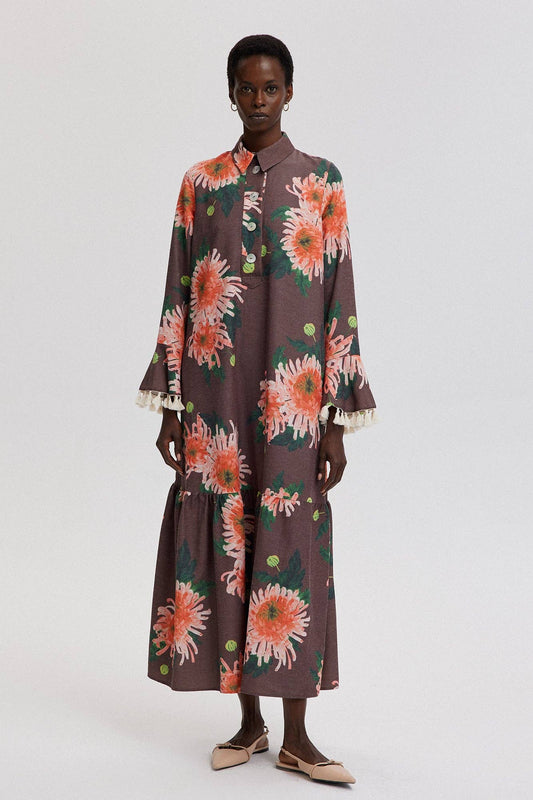 FLORAL PATTERNED NATURAL TEXTURED DRESS: Brown