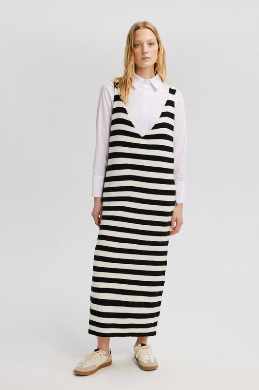 V Neck Striped Gilet Dress - Standard Fit: Black