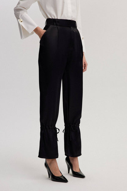 SATIN TROUSER WITH GATHERED HEM - Black