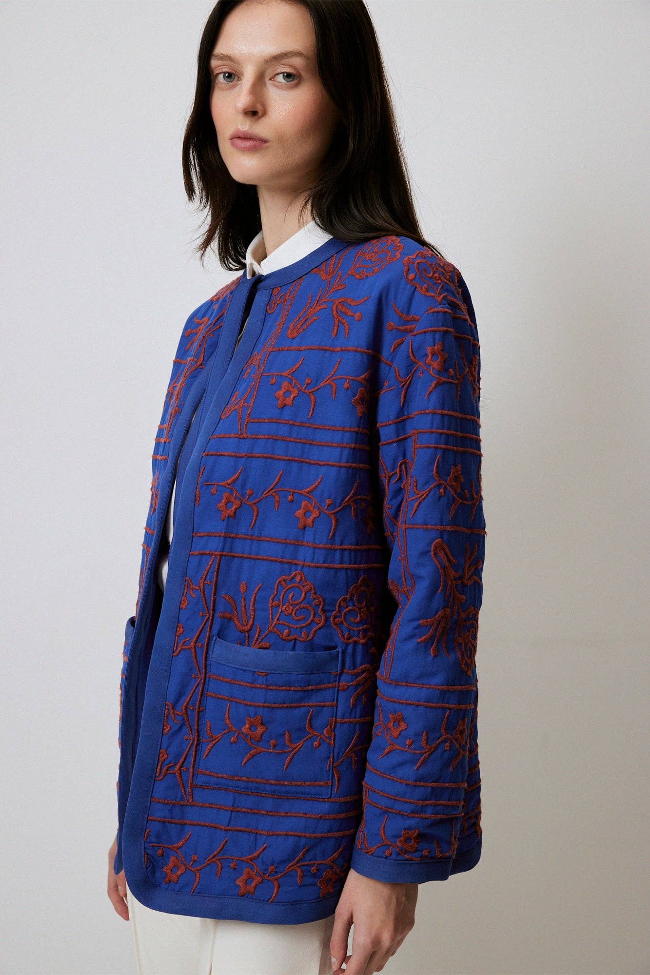 POPLIN JACKET WITH EMBROIDERY: Midnight Blue