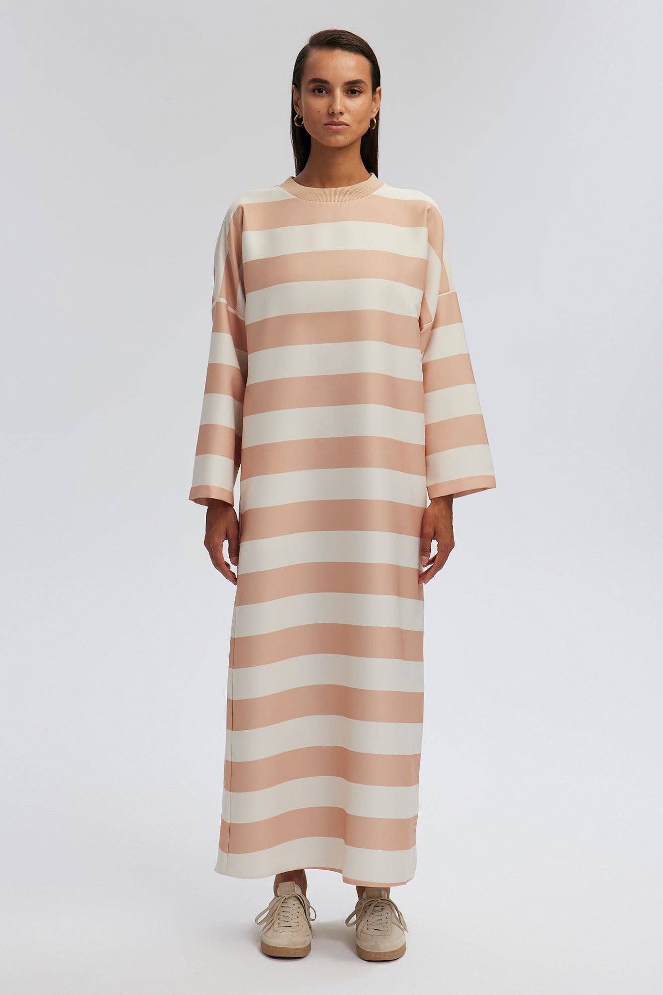 STRIPED CREPE DRESS: Beige