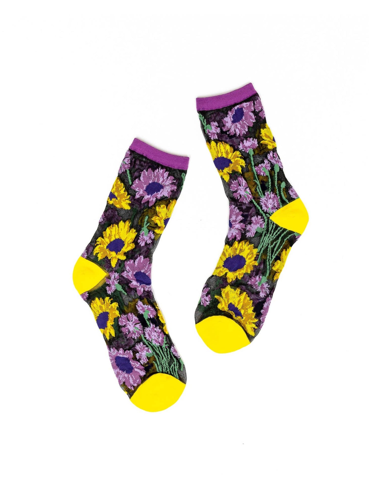 Mixed Sunflowers Black Sheer Crew Sock