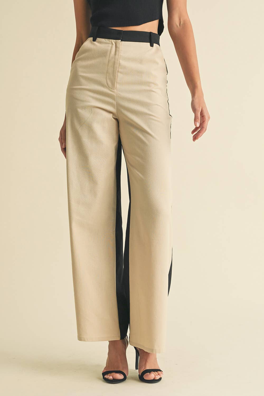 Linen Color Block Trouser: BLACK/ALMOND