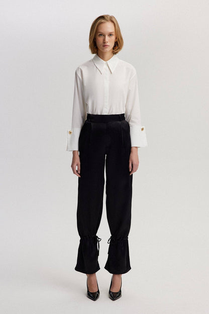 SATIN TROUSER WITH GATHERED HEM - Black