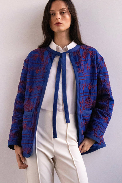 POPLIN JACKET WITH EMBROIDERY: Midnight Blue