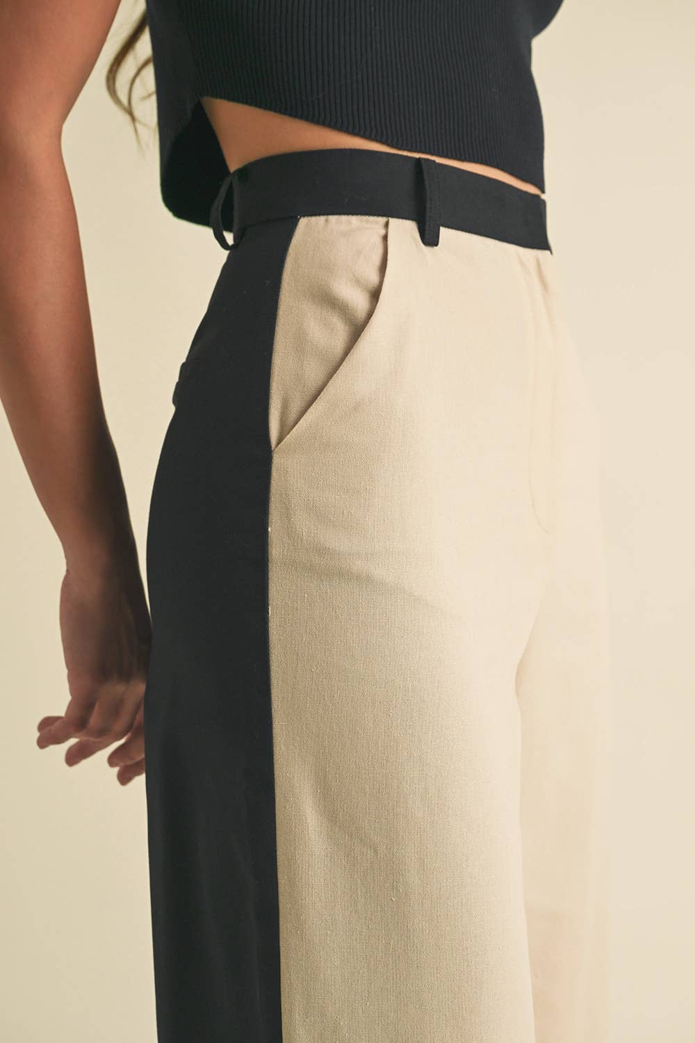 Linen Color Block Trouser: BLACK/ALMOND