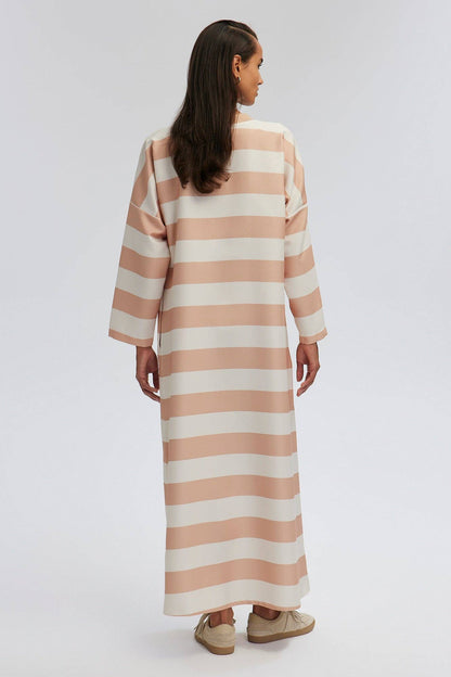 STRIPED CREPE DRESS: Beige