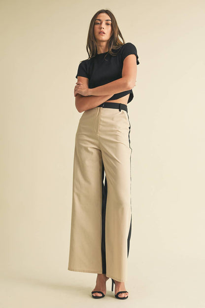 Linen Color Block Trouser: BLACK/ALMOND