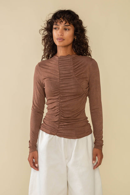 Holloway Asymmetrical Shirred Mock Neck Top: Brown Truffle / Contemporary / S