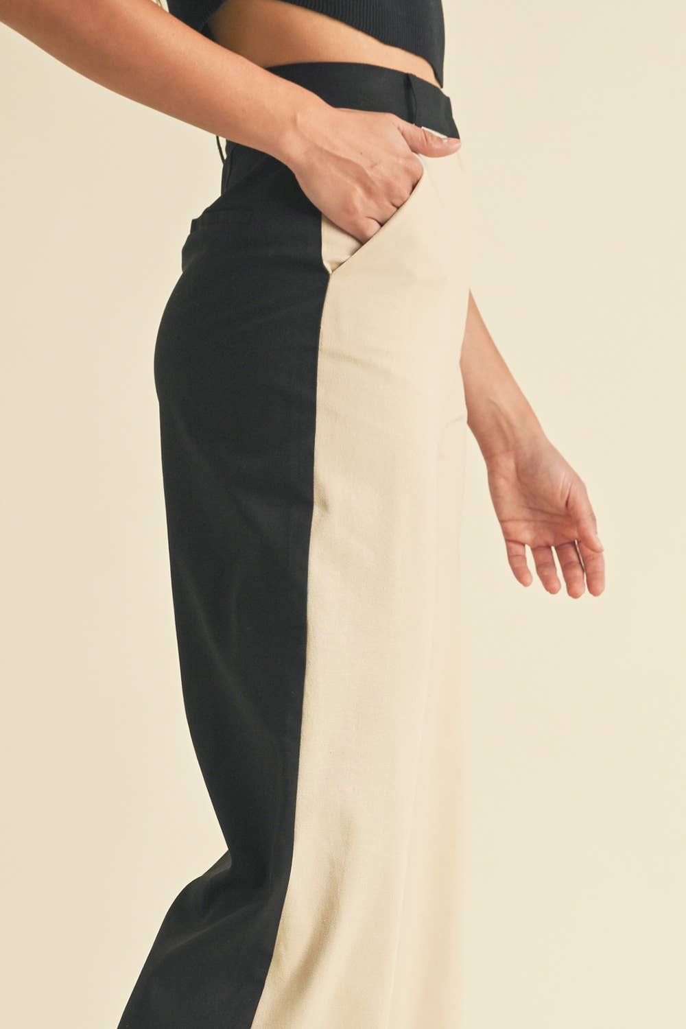 Linen Color Block Trouser: BLACK/ALMOND