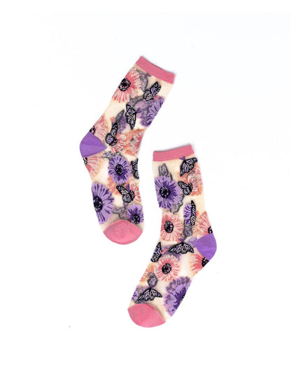 Sunflower Butterfly Sheer Crew Sock