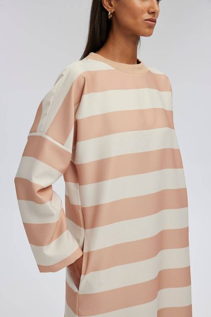 STRIPED CREPE DRESS: Beige