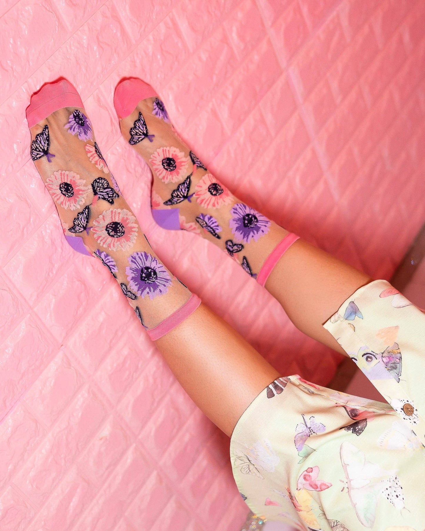 Sunflower Butterfly Sheer Crew Sock